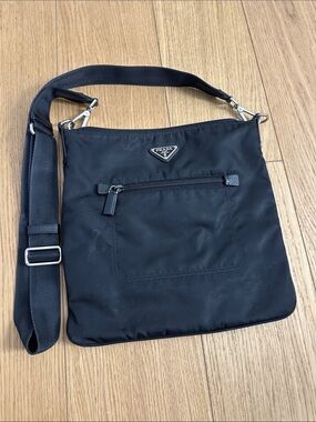 Prada Black Nylon Messenger Bag with Front Zip Pocket